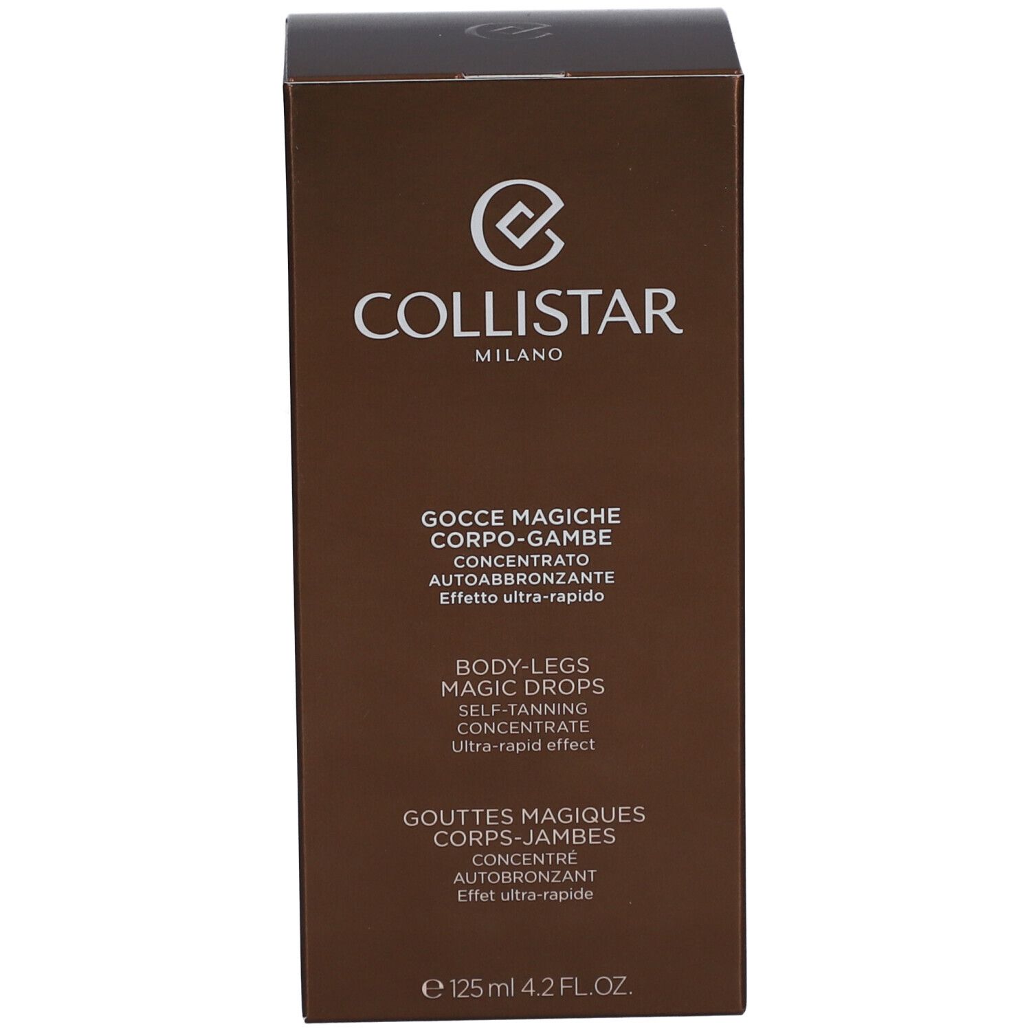 Boîte marron. Texte: Collistar Milano, Gocce Magiche Corps-Jambes. E 125 ml 4.2 FL.OZ.