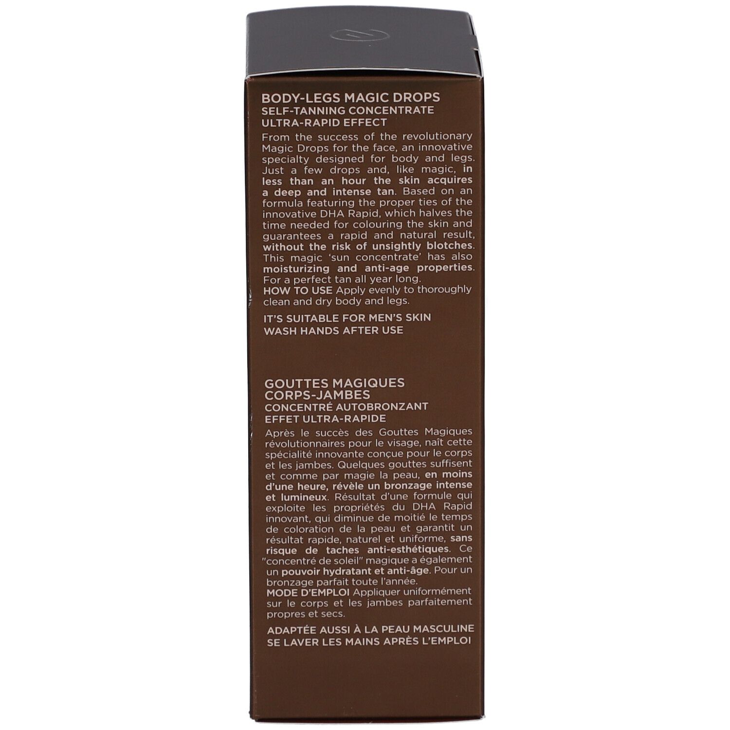 Texte sur la boîte marron. Texte: Body-Legs Magic Drops, Self-Tanning Concentrate, Ultra-rapid effect.