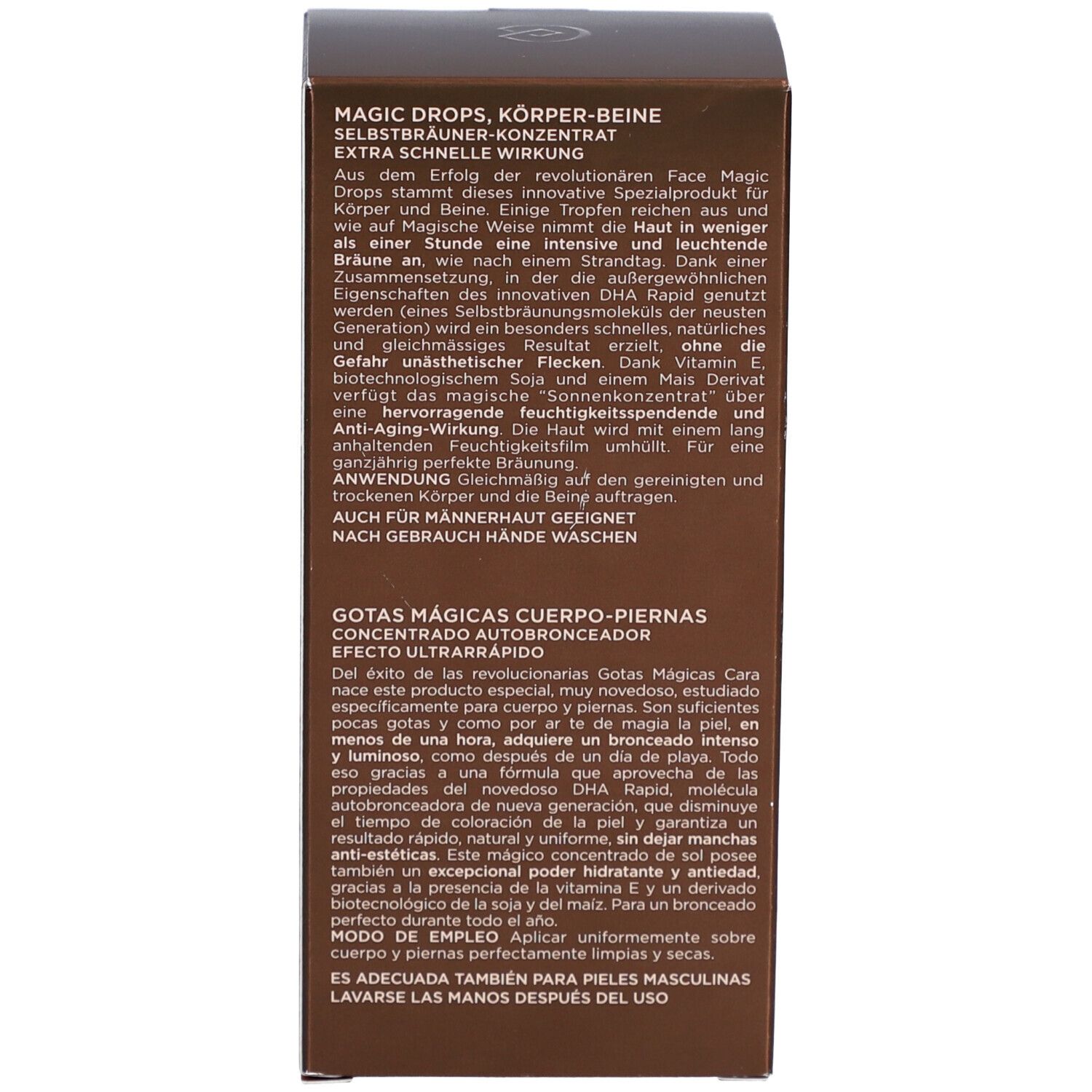 Texte sur la boîte marron. Texte: Magic Drops, Corps-Jambes, Concentré autobronzant, Effet ultra-rapide.