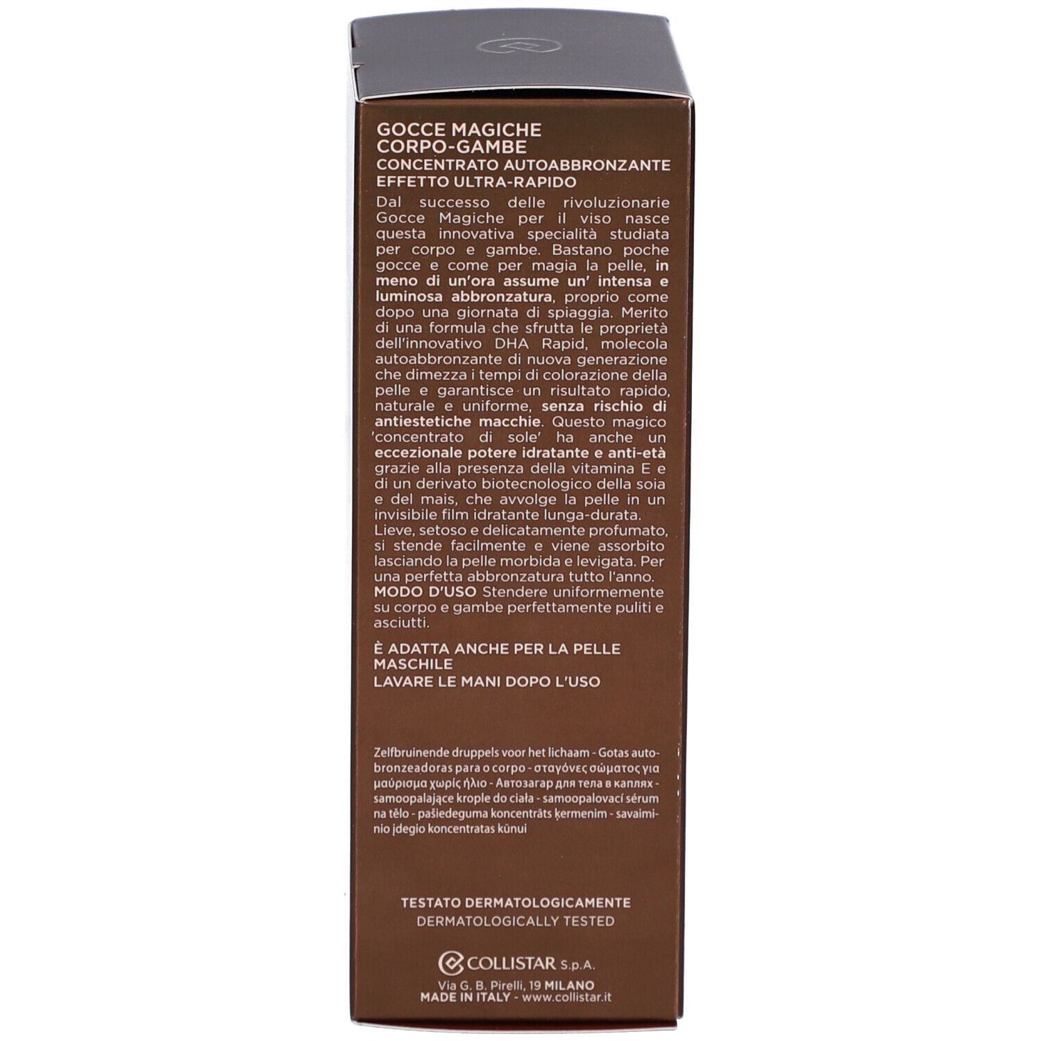 Texte sur la boîte marron. Texte: Gocce Magiche Corps-Jambes, Concentré autobronzant, Effet ultra-rapide.
