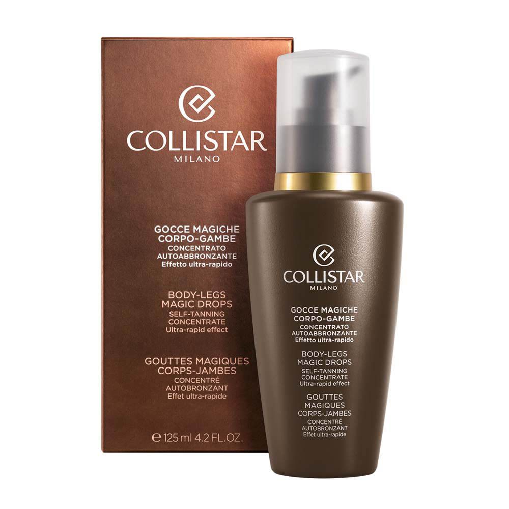 Boîte et flacon marron. Texte: Collistar Milano, Gocce Magiche Corps-Jambes. E 125 ml 4.2 FL.OZ.