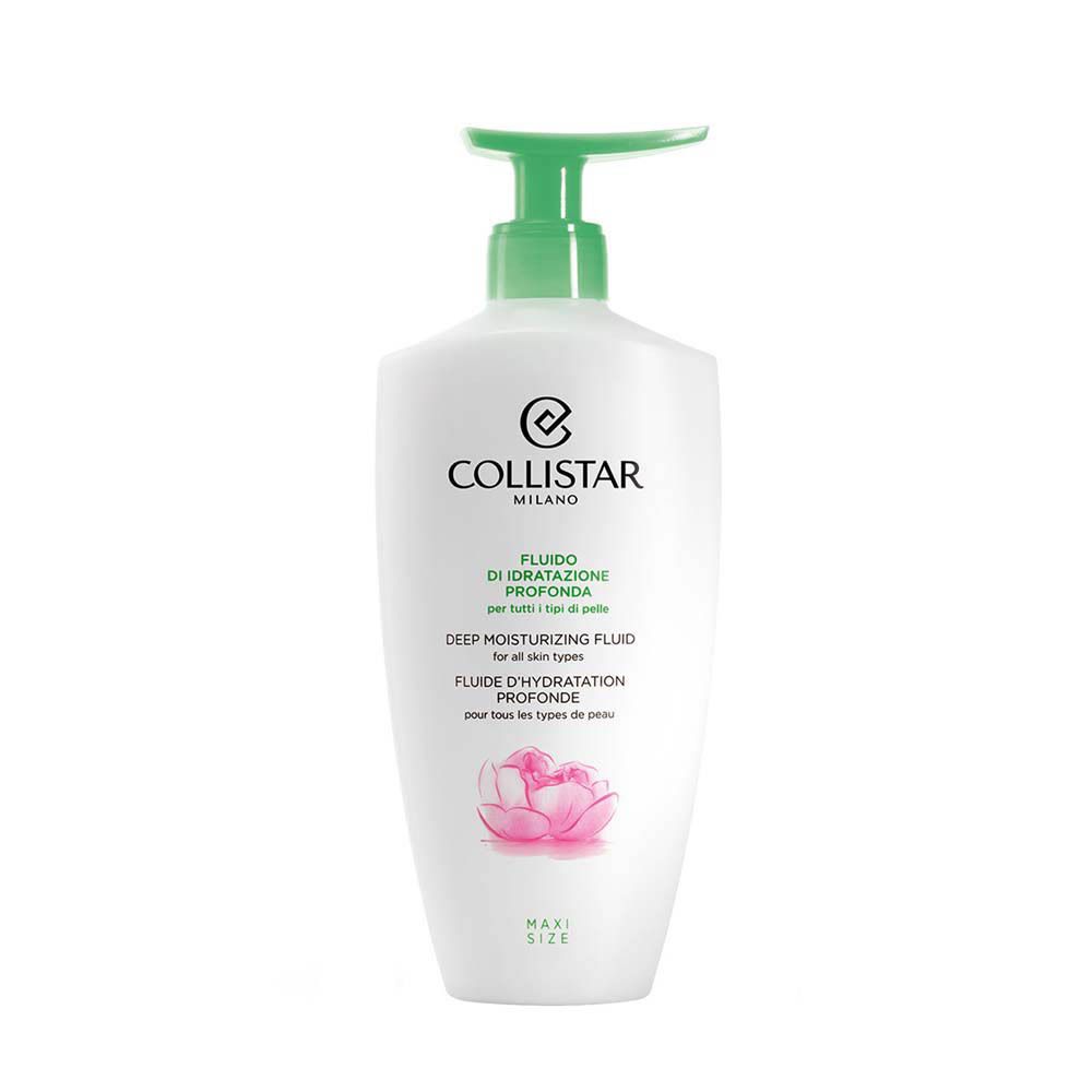 Flacon blanc avec pompe verte. Texte: Collistar Milano, Fluide d'Hydratation Profonde, Deep Moisturizing Fluid, Maxi Size.