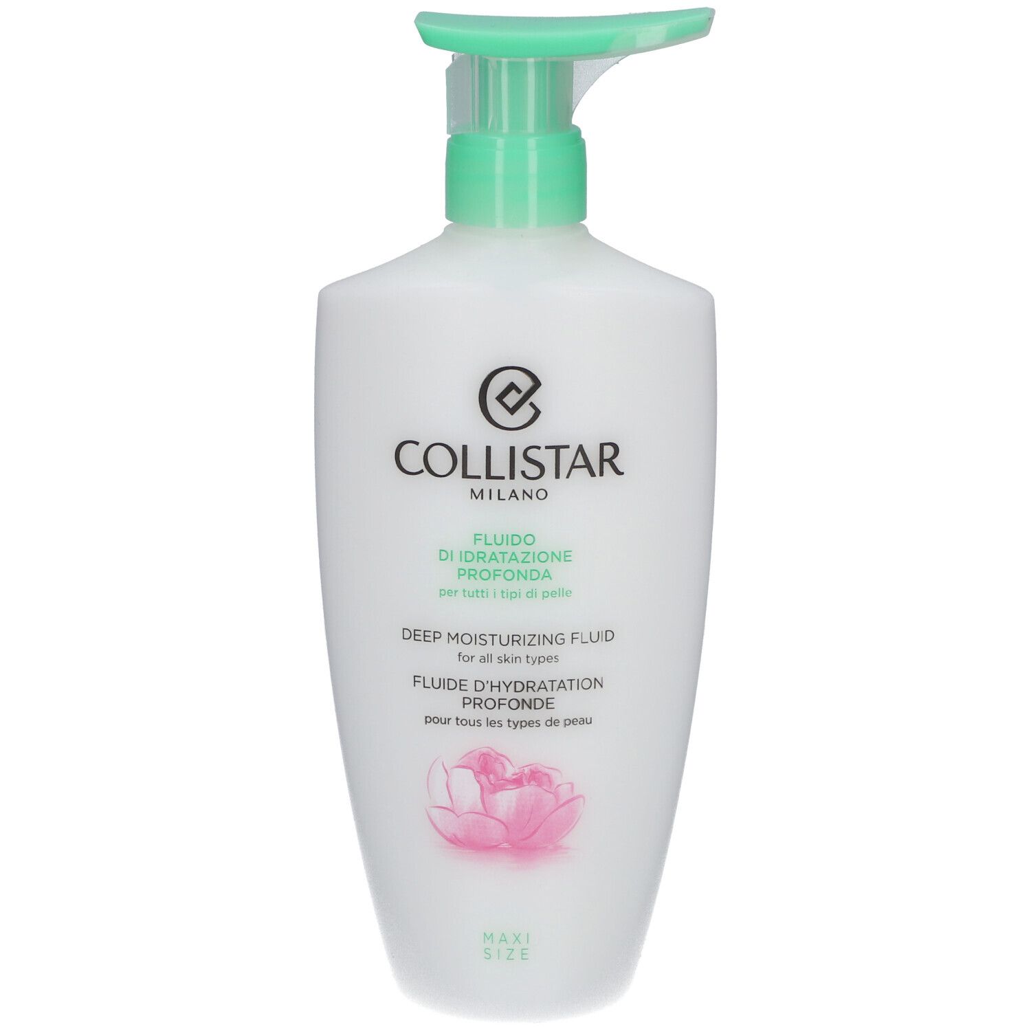 Flacon blanc avec pompe verte. Texte: Collistar Milano, Fluide d'Hydratation Profonde, Deep Moisturizing Fluid, Maxi Size.