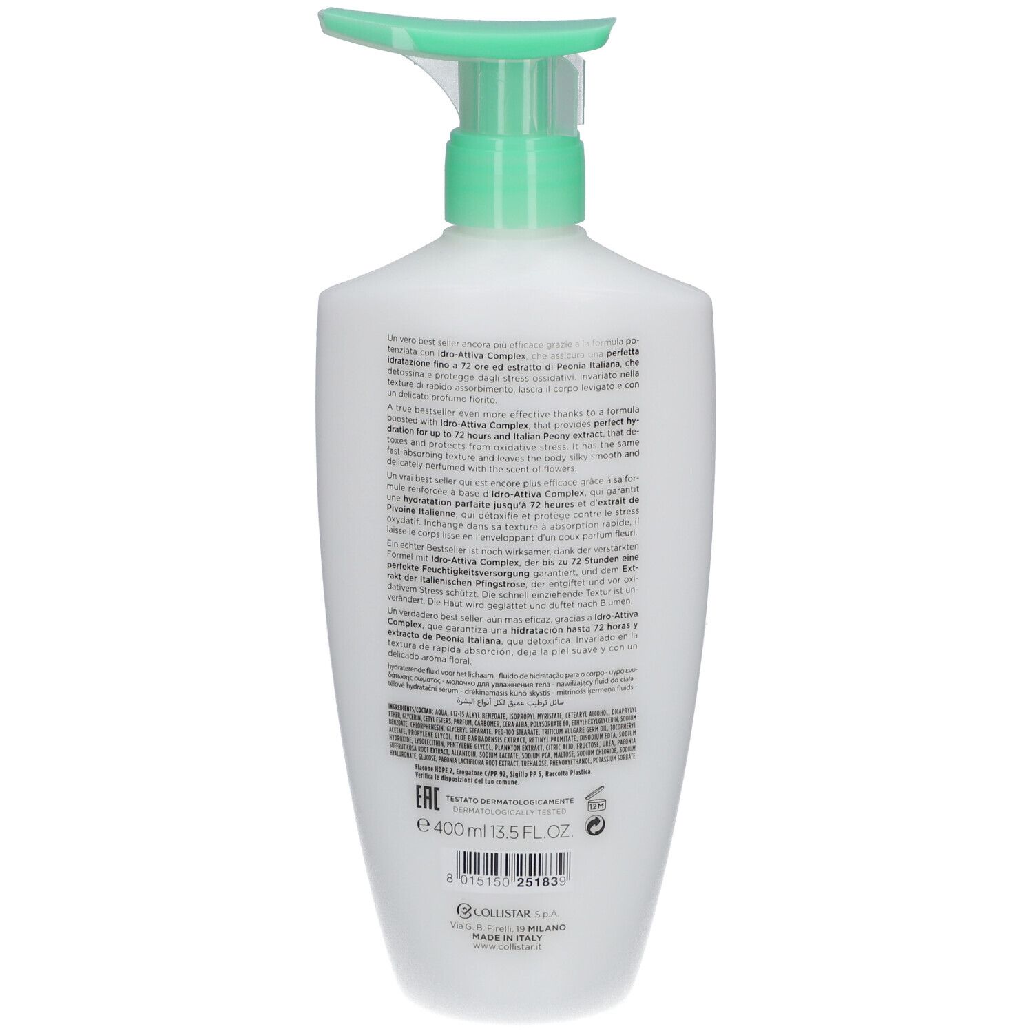 Dos d'un flacon blanc avec pompe verte. Texte et informations en plusieurs langues. Volume: 400ml.