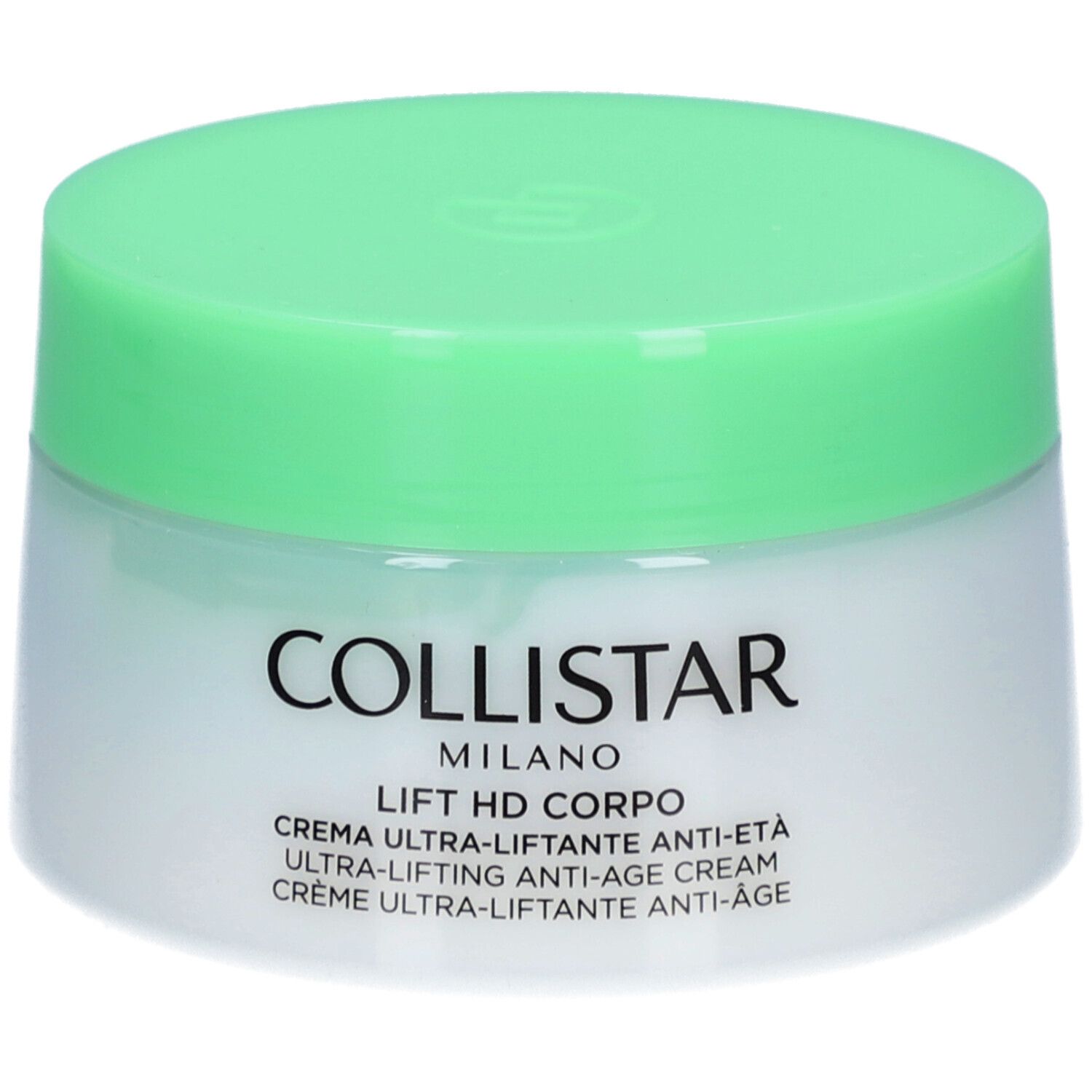Pot de crème avec couvercle vert. Inscription : Collistar, Lift HD Corpo, Crème Ultra-Liftante Anti-Âge.