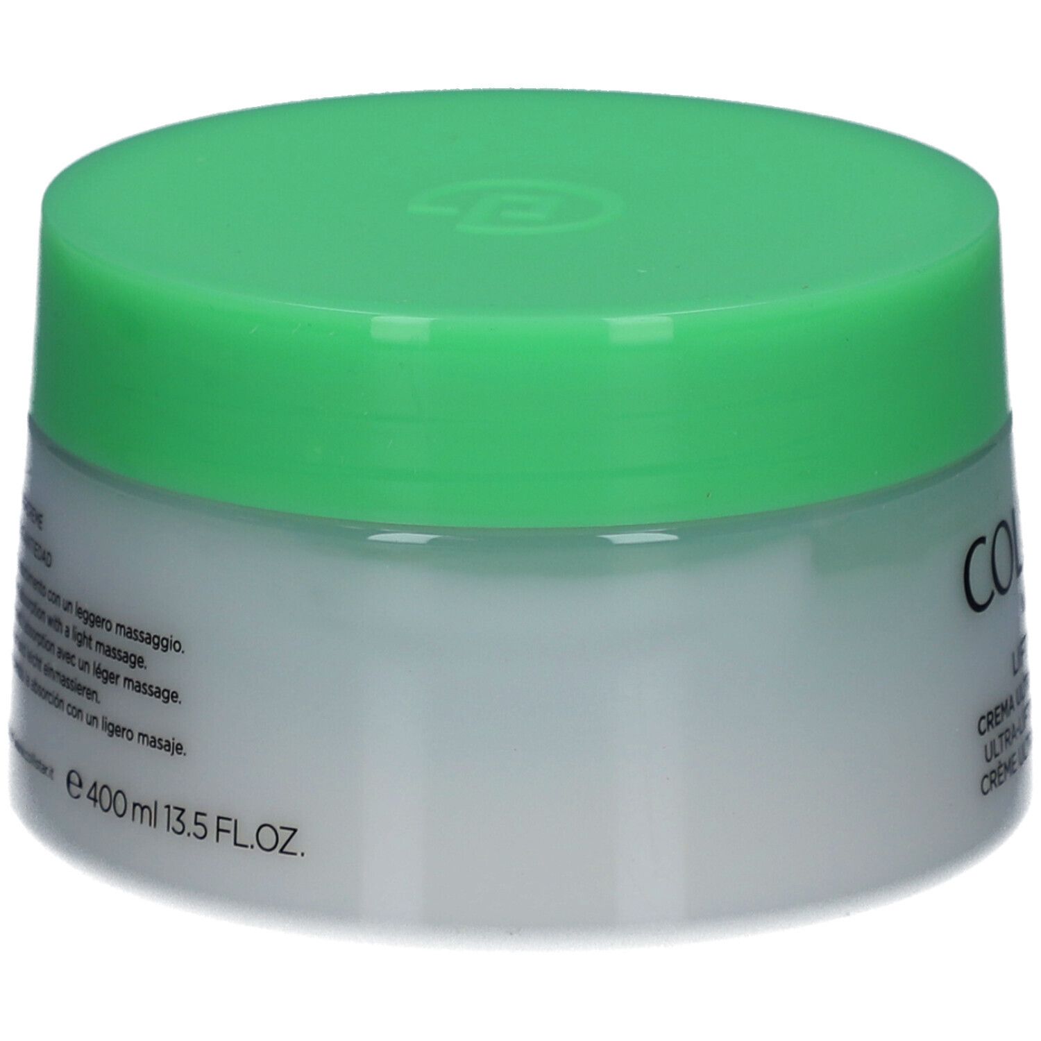 Pot de crème avec couvercle vert. Inscriptions et texte au dos. Volume : 400 ml.