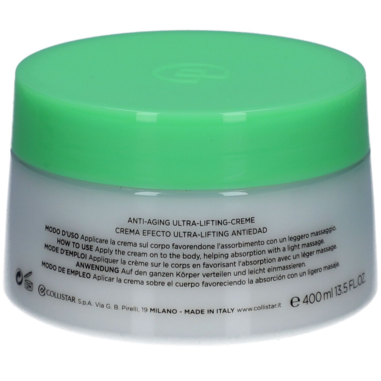 Pot de crème avec couvercle vert. Texte au dos en plusieurs langues. Volume : 400 ml.