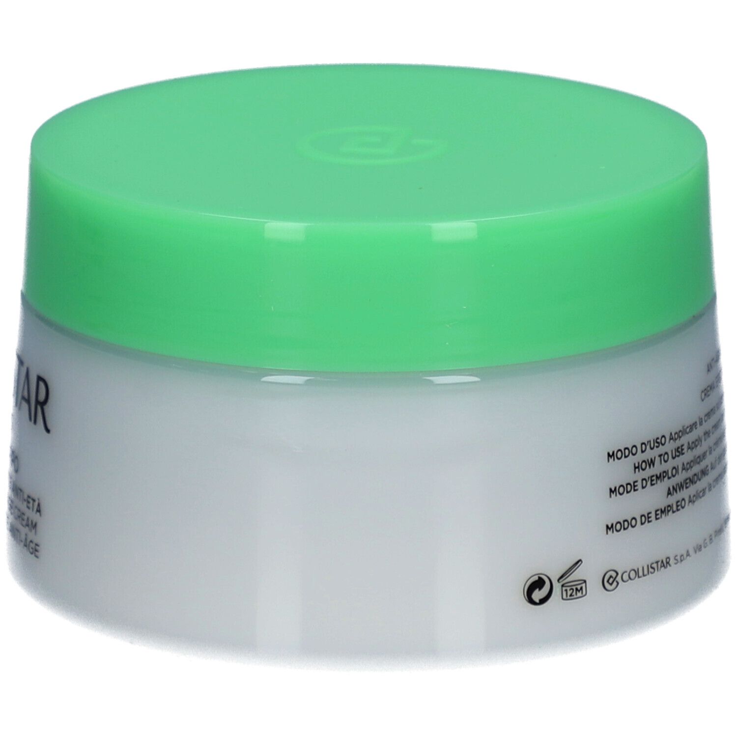 Pot de crème avec couvercle vert. Dos avec texte et symboles. Symbole 12M.