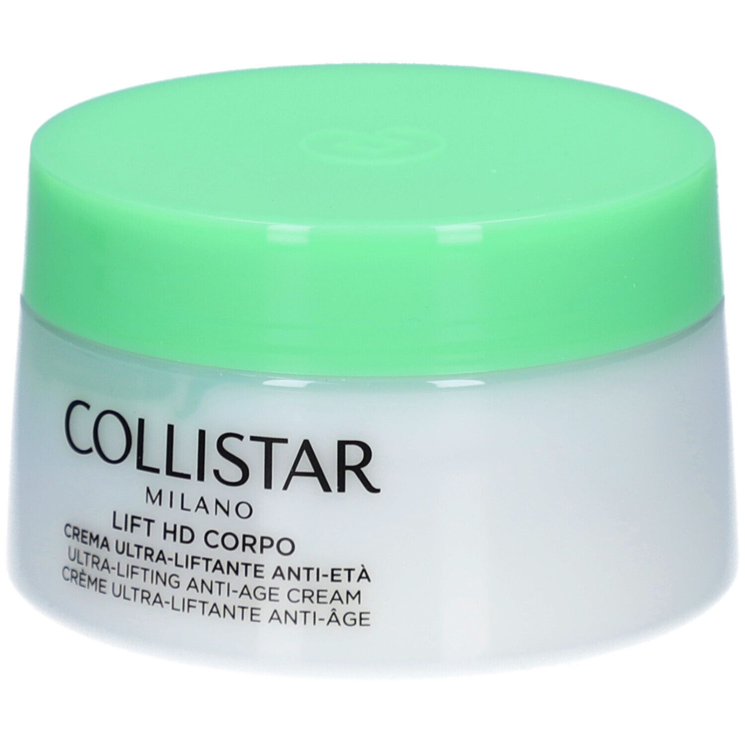 Pot de crème avec couvercle vert. Inscription : Collistar, Lift HD Corpo, Crème Ultra-Liftante Anti-Âge.