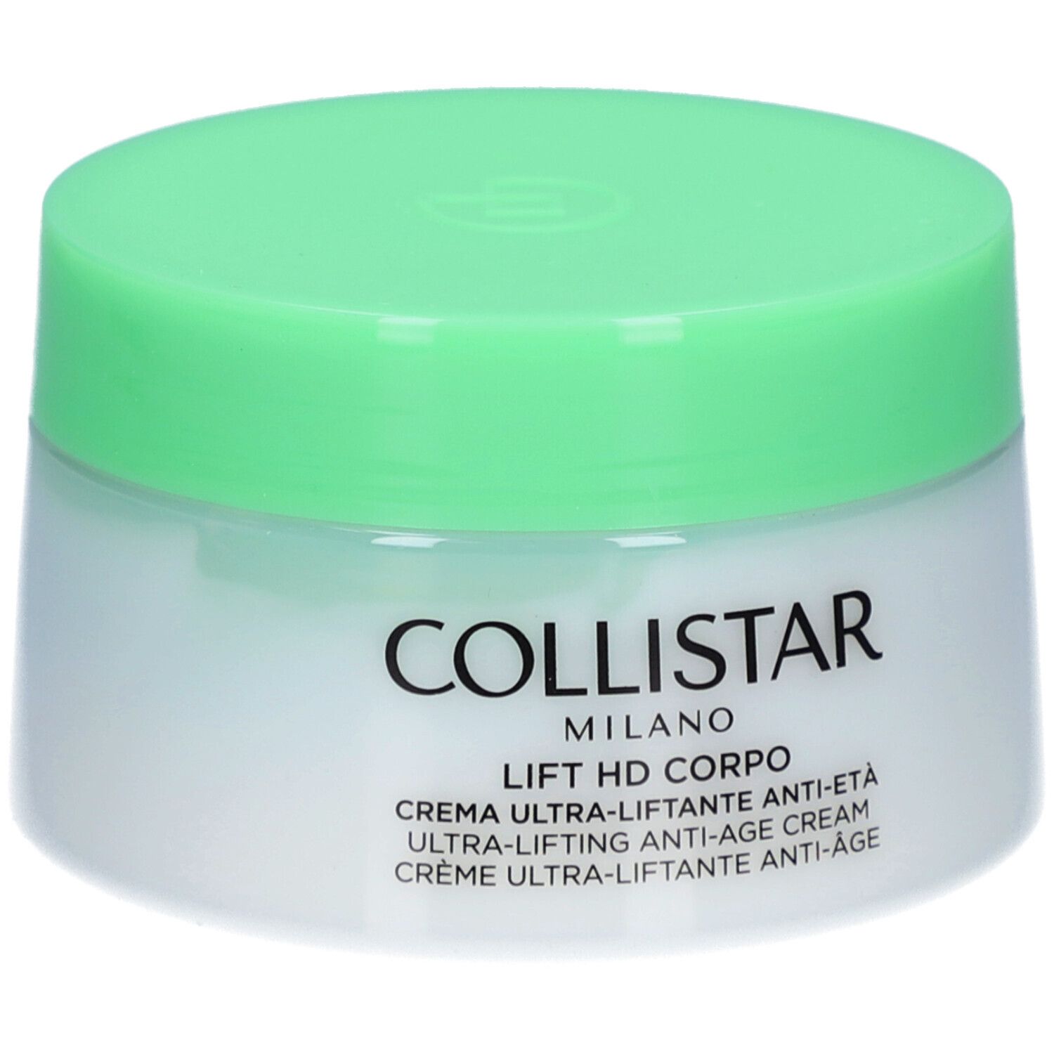 Pot de crème avec couvercle vert. Inscription : Collistar, Lift HD Corpo, Crème Ultra-Liftante Anti-Âge.