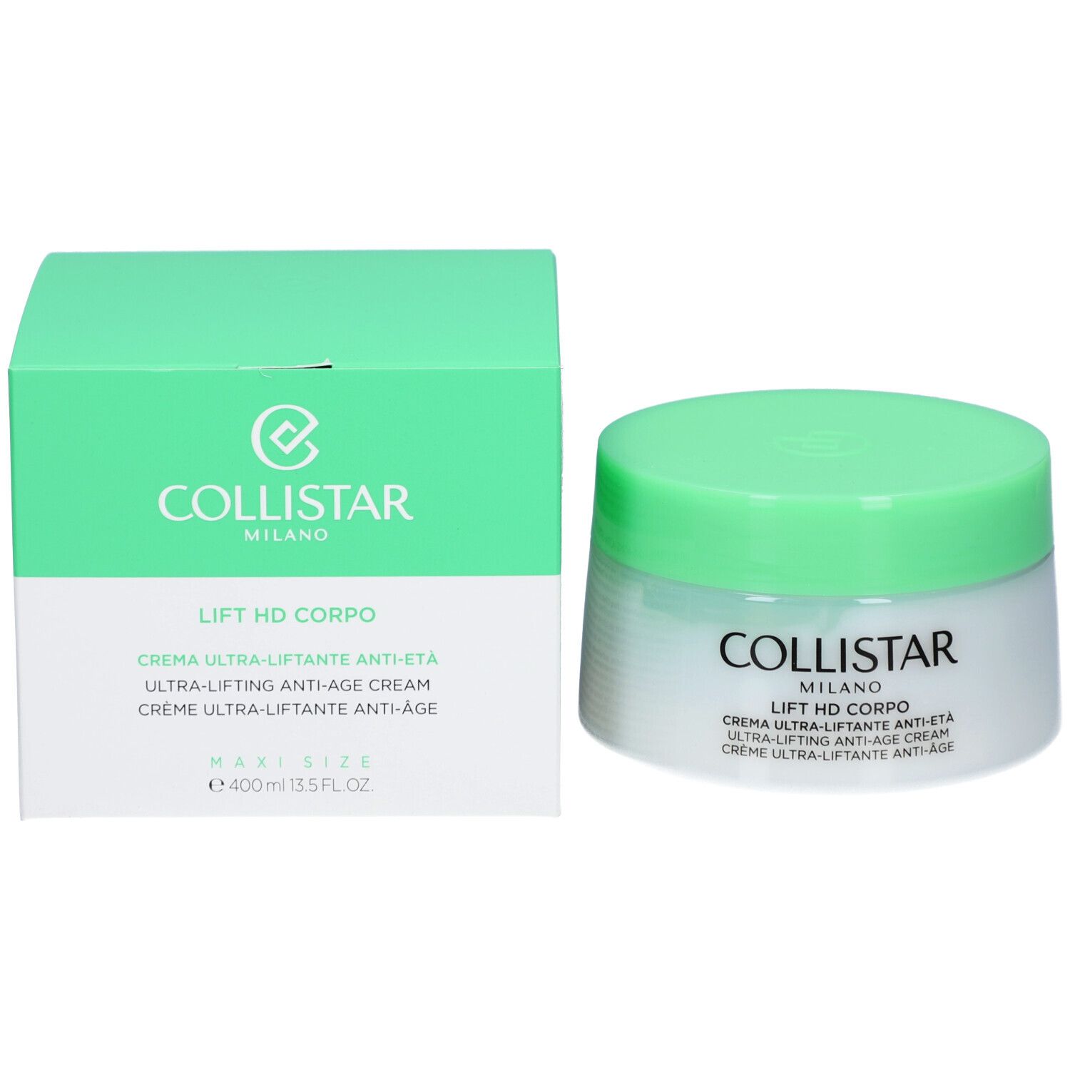 Pot de crème et boîte. Inscription : Collistar, Lift HD Corpo, Crème Ultra-Liftante Anti-Âge. Maxi Size.