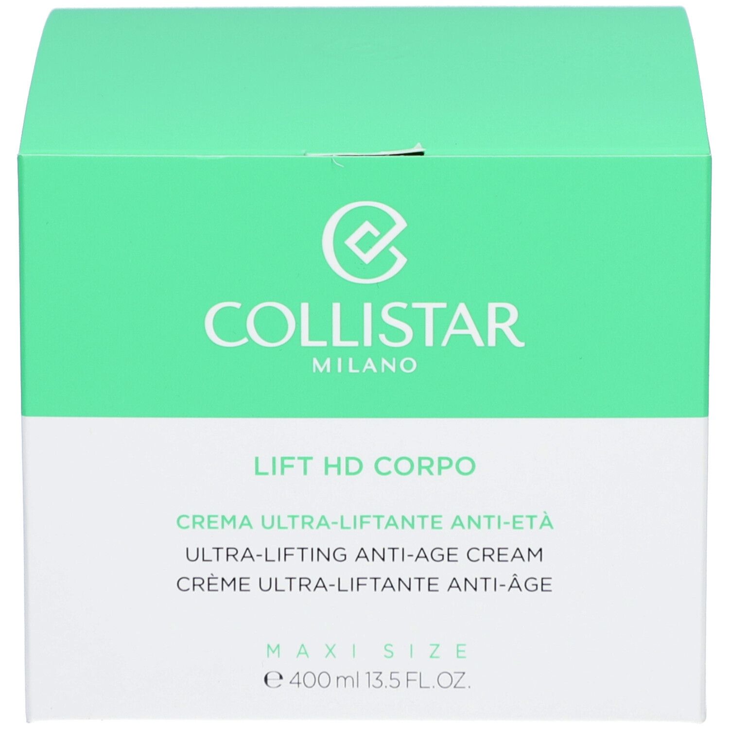 Boîte verte. Inscription : Collistar, Lift HD Corpo, Crème Ultra-Liftante Anti-Âge. Maxi Size.