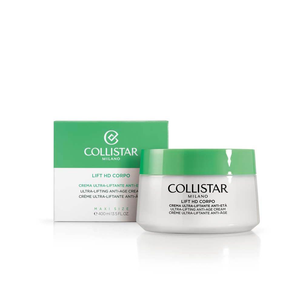 Pot de crème et boîte. Inscription : Collistar, Lift HD Corpo, Crème Ultra-Liftante Anti-Âge. Maxi Size.