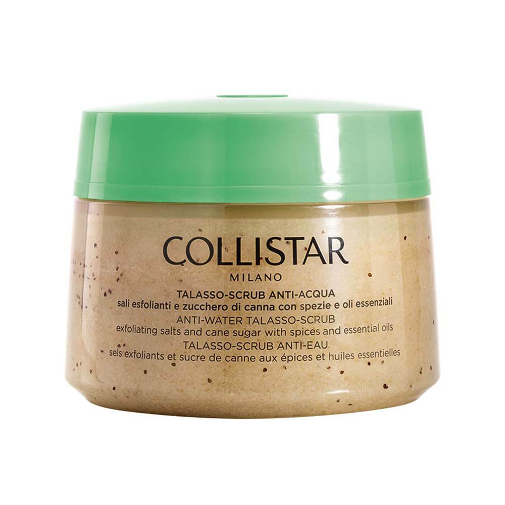 Pot avec couvercle vert. Inscription : Collistar Milano, Anti-Eau Talasso-Scrub. Texte multilingue.