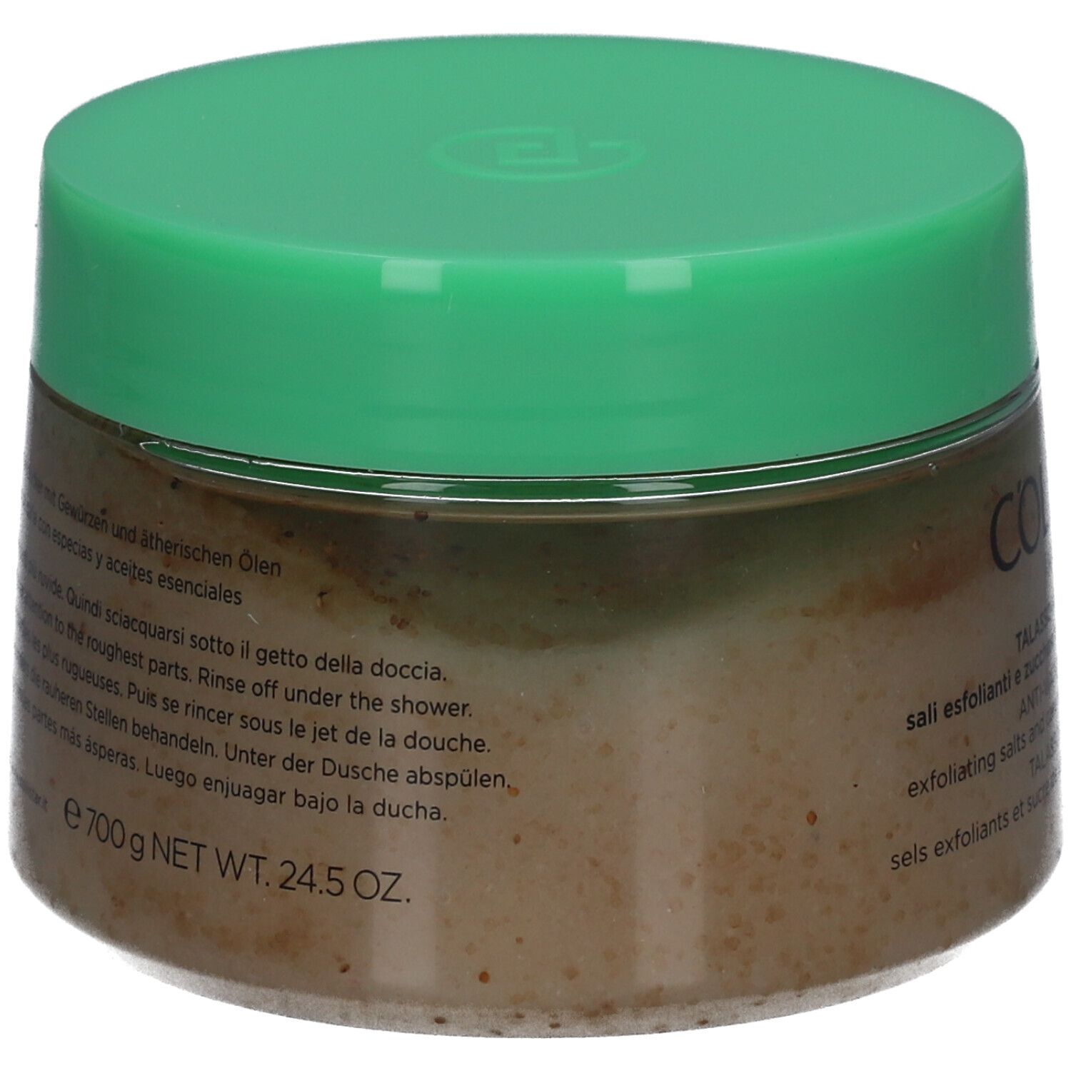 Pot avec couvercle vert. Texte multilingue, dont instructions. Poids : 700 g NET WT. 24,5 OZ.