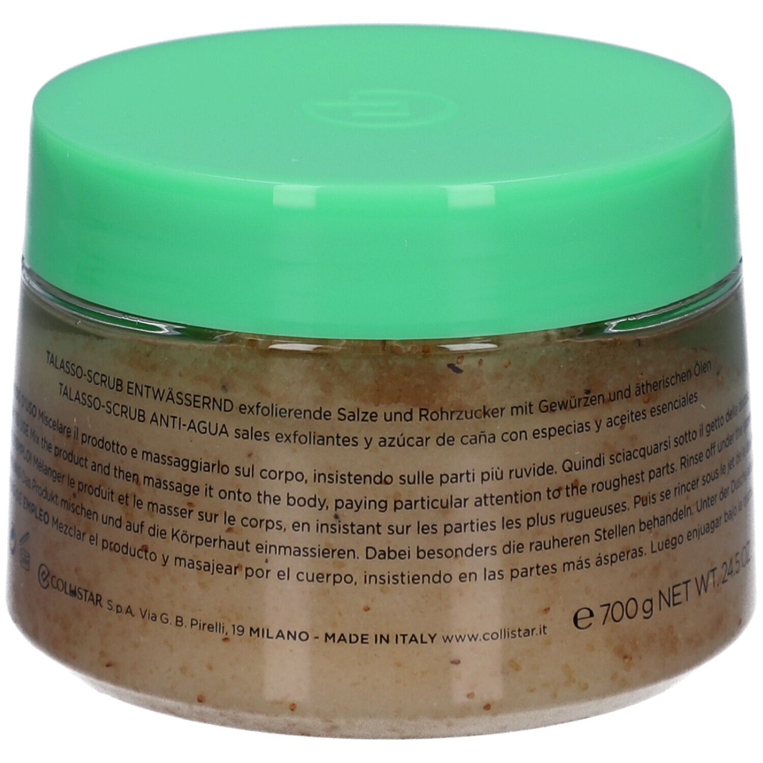 Pot avec couvercle vert. Texte multilingue, dont instructions. Poids : 700 g NET WT. 24,5 OZ.