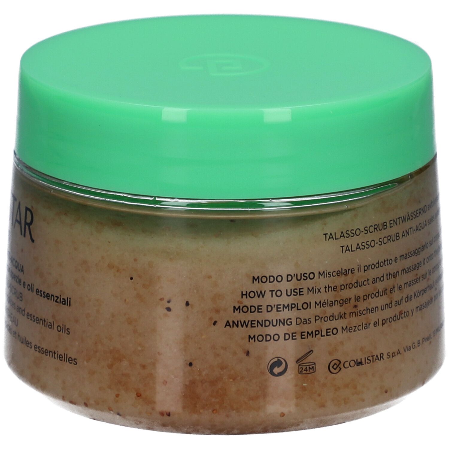 Pot avec couvercle vert. Texte multilingue, dont instructions. Poids : 700 g NET WT. 24,5 OZ.