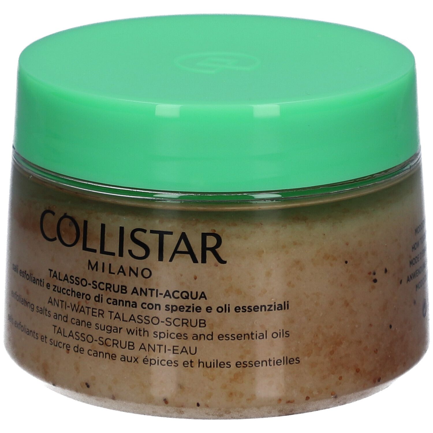 Pot avec couvercle vert. Inscription : Collistar Milano, Anti-Eau Talasso-Scrub. Texte multilingue.