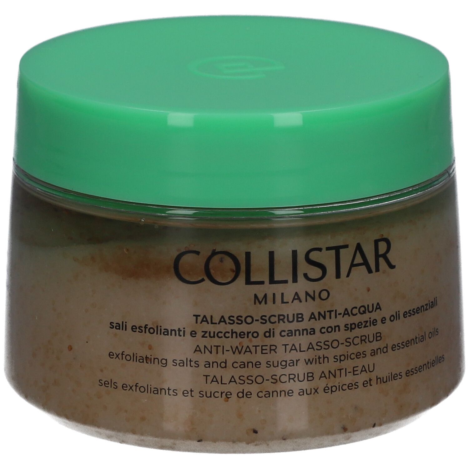 Pot avec couvercle vert. Inscription : Collistar Milano, Anti-Eau Talasso-Scrub. Texte multilingue.