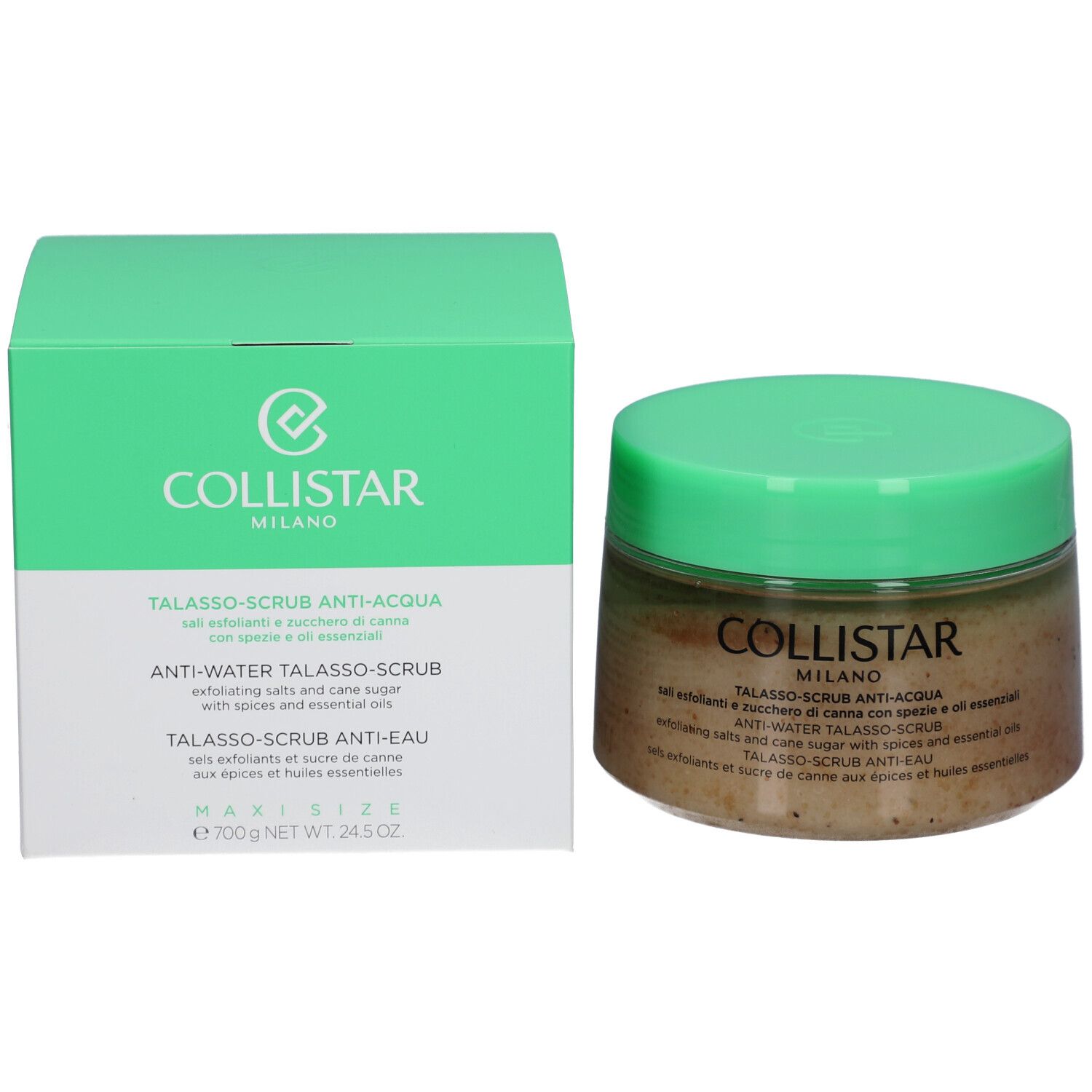 Emballage et pot avec couvercle vert. Inscription : Collistar Milano, Anti-Eau Talasso-Scrub. Texte multilingue.