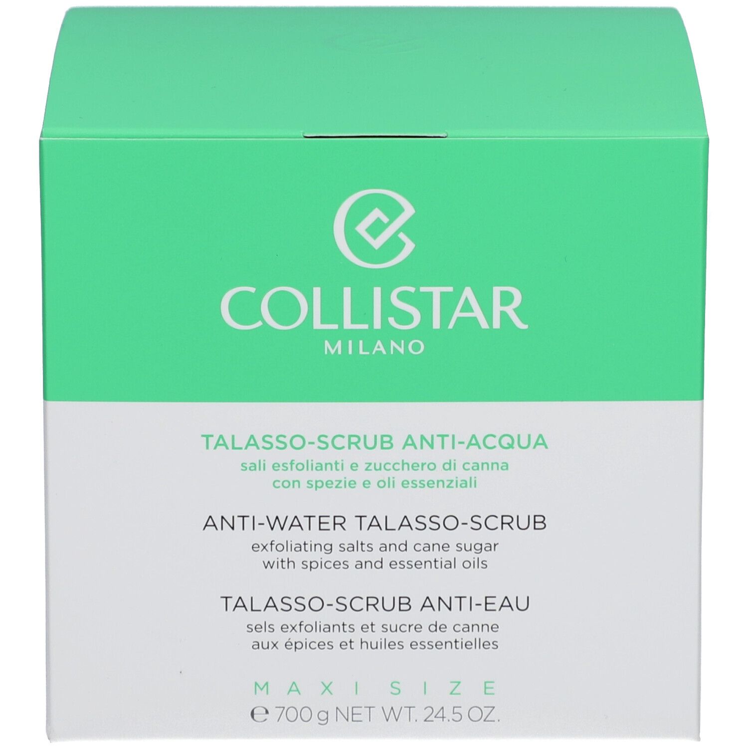 Emballage. Inscription : Collistar Milano, Anti-Eau Talasso-Scrub. Texte multilingue. Poids : 700 g.