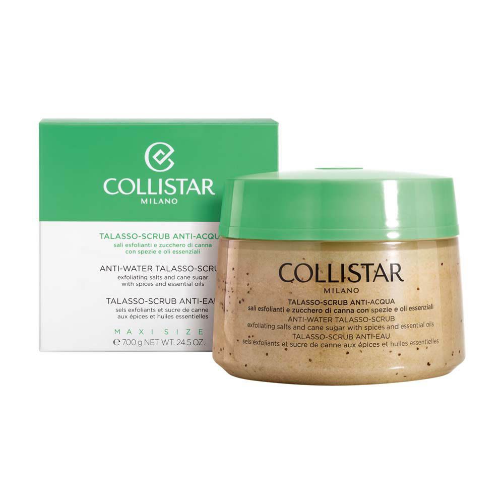 Emballage et pot avec couvercle vert. Inscription : Collistar Milano, Anti-Eau Talasso-Scrub. Texte multilingue.