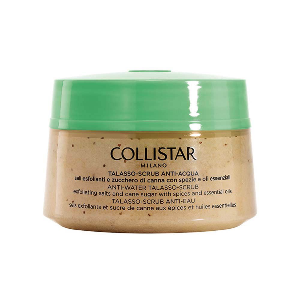 Pot avec couvercle vert. Inscription : Collistar Milano, Talasso-Scrub Anti-Eau.