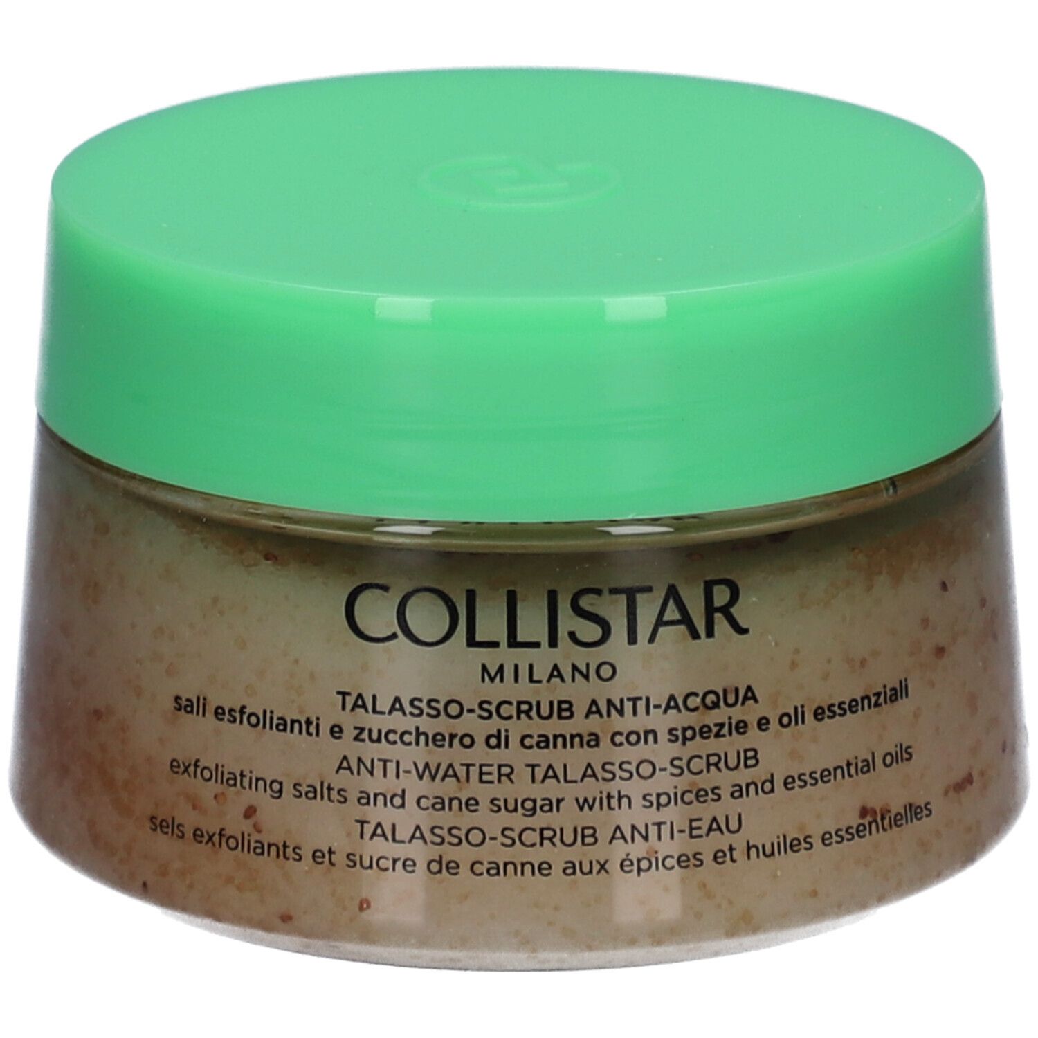 Glas mit grünem Deckel. Aufschrift: Collistar Milano, Talasso-Scrub Anti-Acqua.
