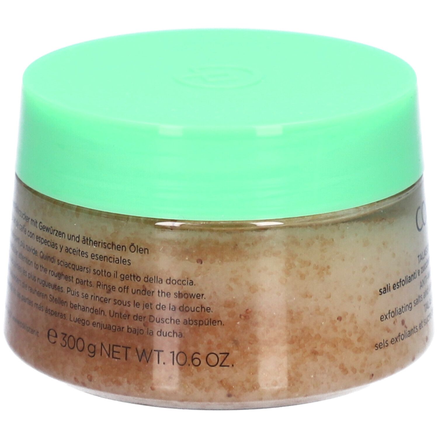 Glas mit grünem Deckel. Aufschrift: Collistar Milano, Talasso-Scrub Anti-Acqua. Nettogewicht: 10.6 oz.