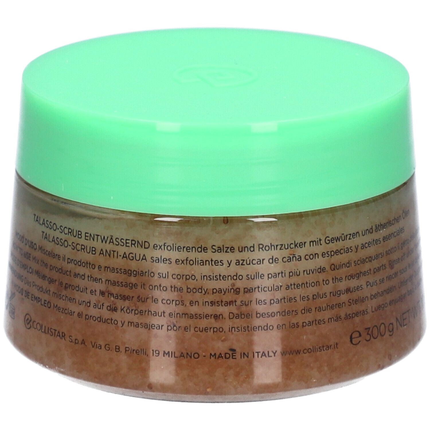 Glas mit grünem Deckel. Aufschrift: Collistar Milano, Talasso-Scrub Anti-Acqua. Made in Italy.