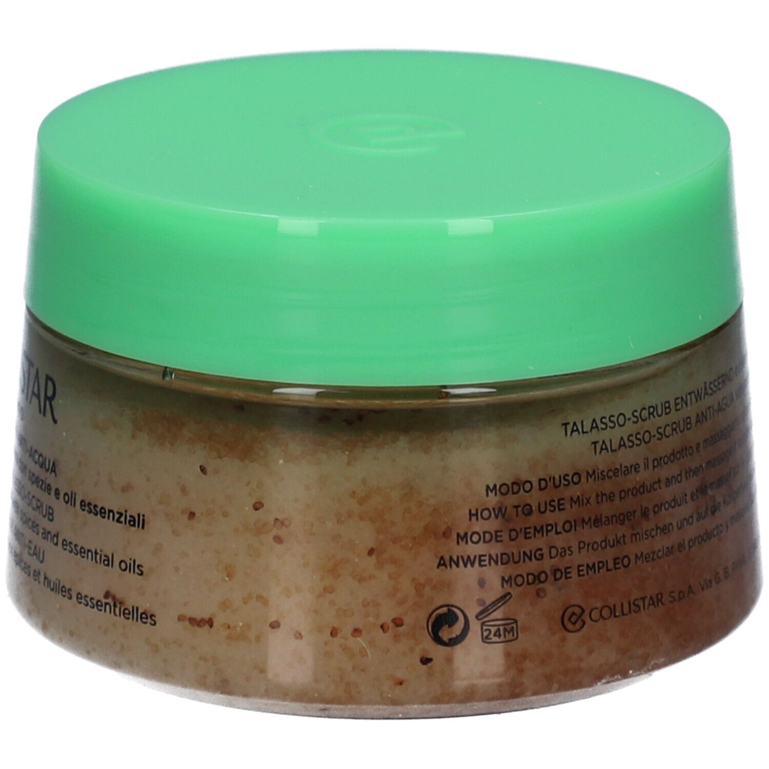 Glas mit grünem Deckel. Aufschrift: Collistar Milano, Talasso-Scrub Anti-Acqua. Anweisungen.