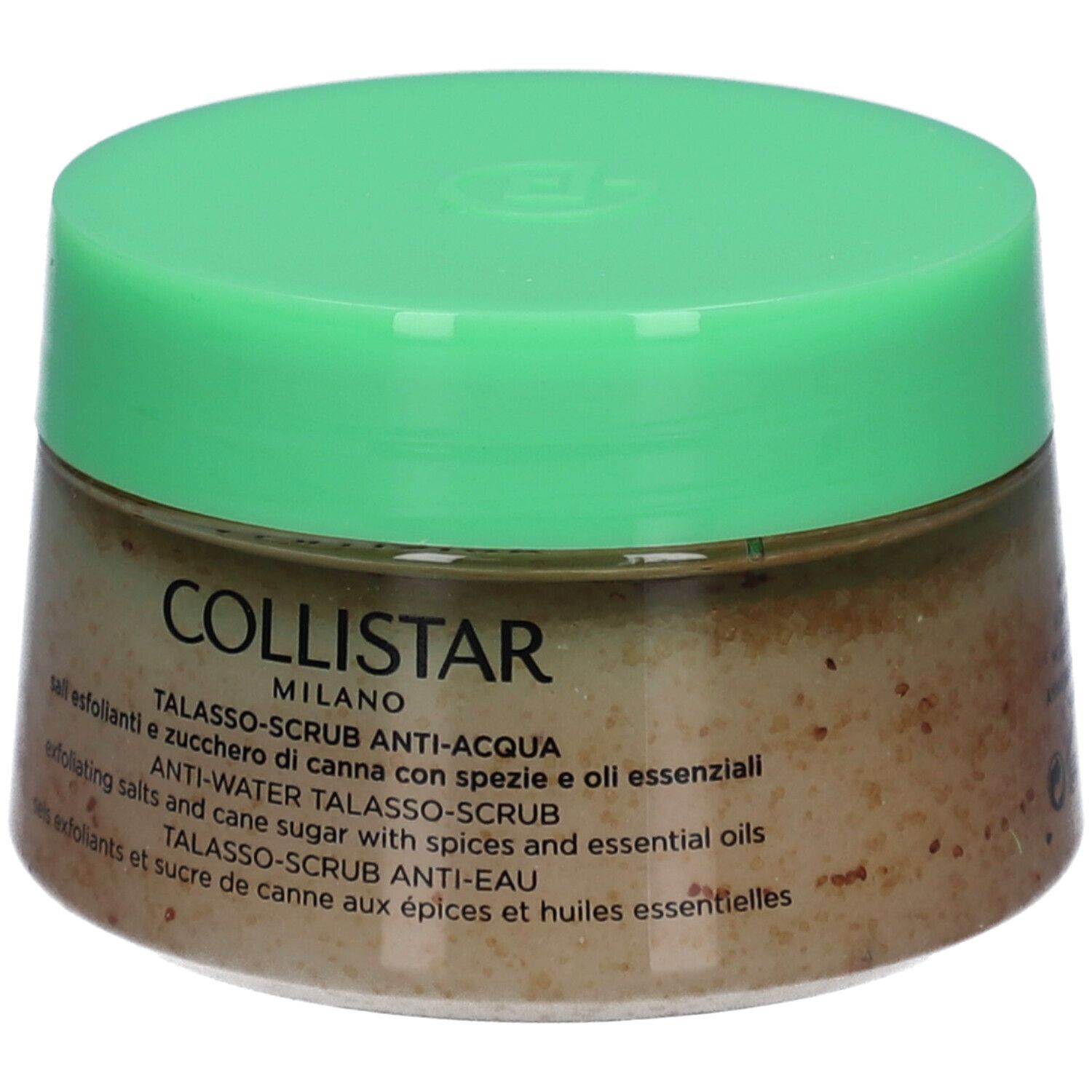 Glas mit grünem Deckel. Aufschrift: Collistar Milano, Talasso-Scrub Anti-Acqua.