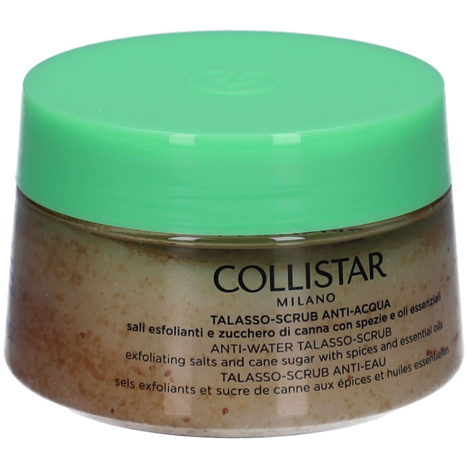 Glas mit grünem Deckel. Aufschrift: Collistar Milano, Talasso-Scrub Anti-Acqua.