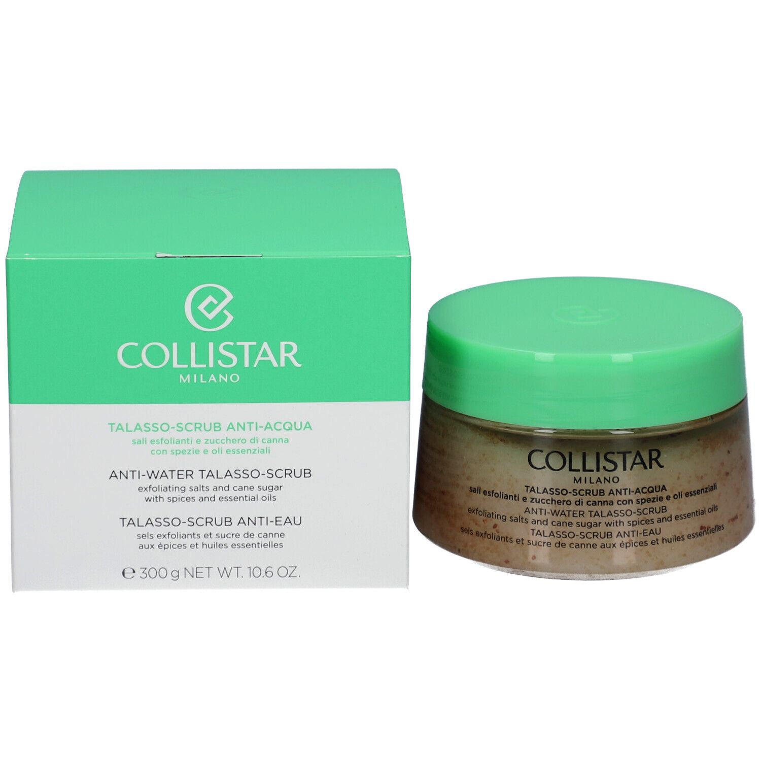 Produkt und Verpackung. Grüne Schachtel und Glas mit grünem Deckel. Aufschrift: Collistar Milano.