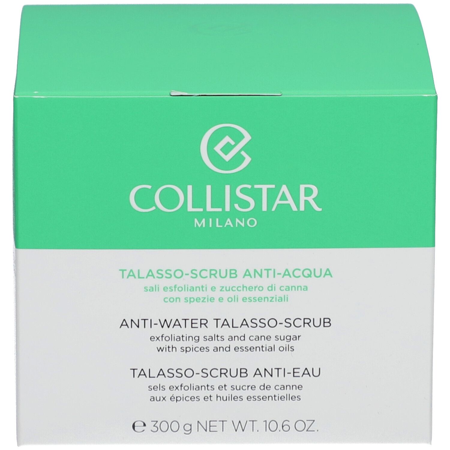 Grüne Schachtel. Aufschrift: Collistar Milano, Talasso-Scrub Anti-Acqua. Nettogewicht: 10.6 oz.