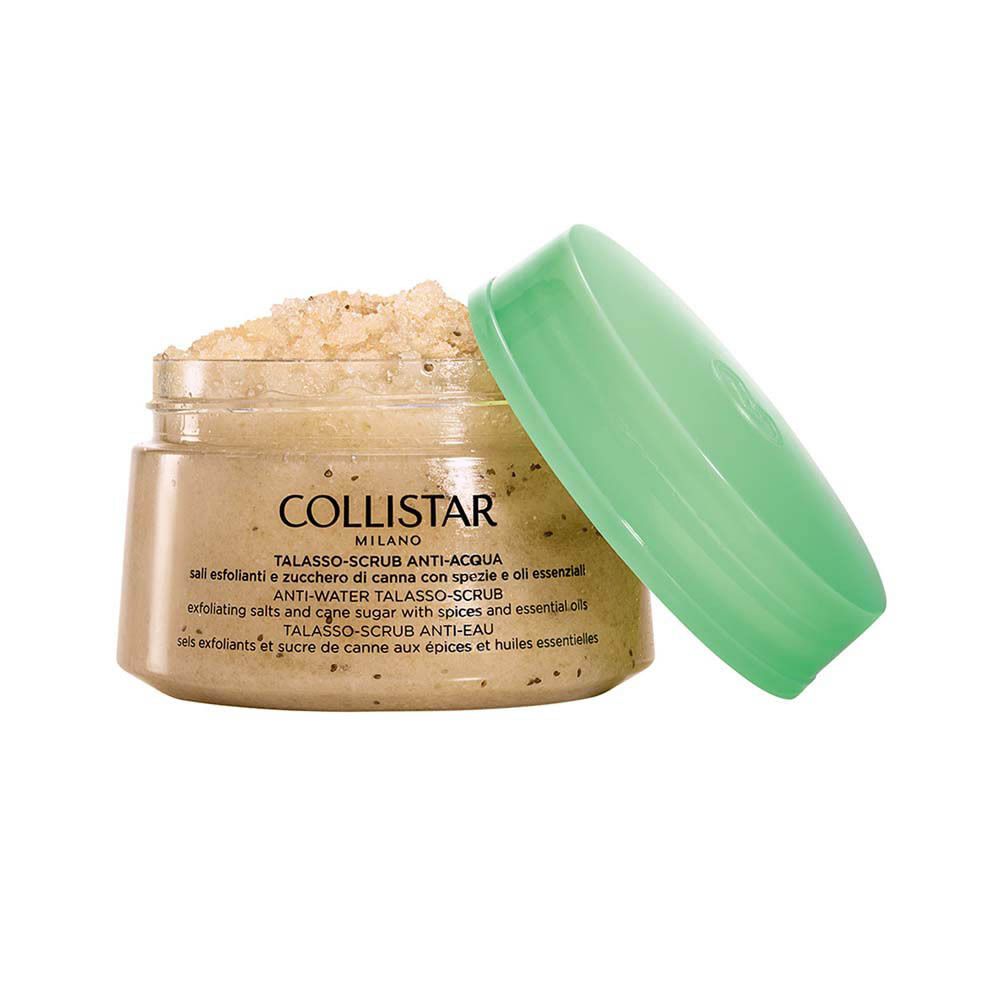 Pot avec couvercle vert. Couvercle ouvert. Inscription : Collistar Milano, Talasso-Scrub Anti-Eau.