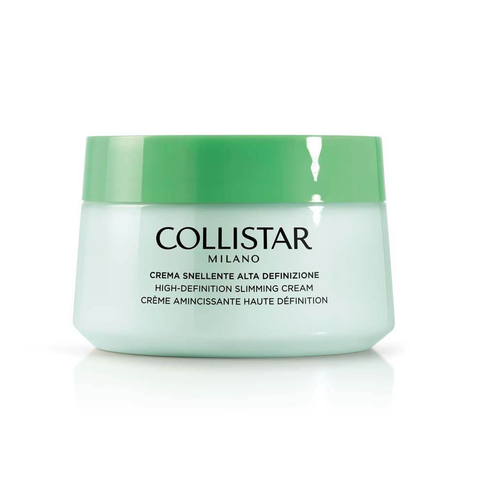 Pot vert clair avec couvercle. Inscription : COLLISTAR MILANO, Crème Amincissante Haute Définition.
