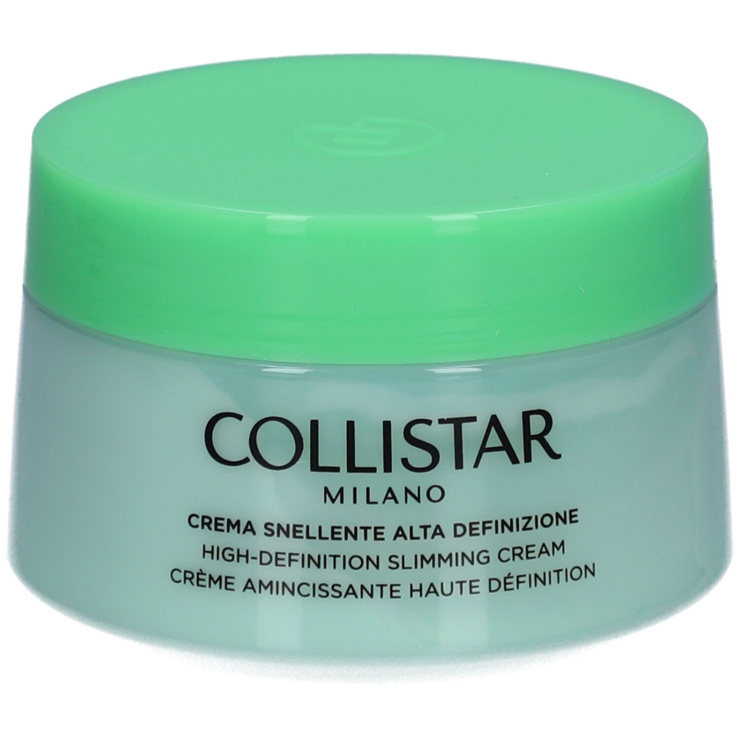 Hellgrüner Tiegel mit Deckel. Aufschrift: COLLISTAR MILANO, Crème Amincissante Haute Définition. 