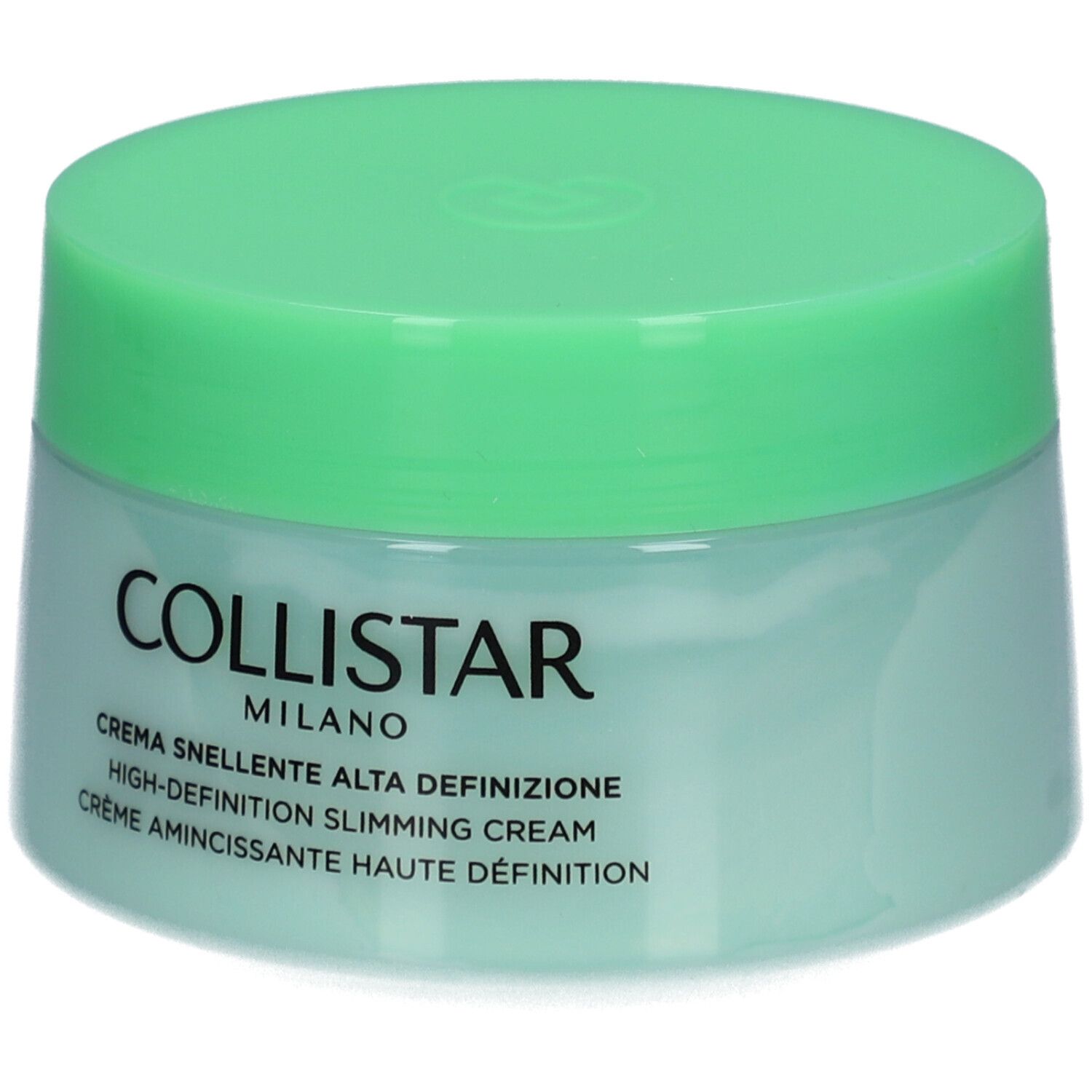 Hellgrüner Tiegel mit Deckel. Aufschrift: COLLISTAR MILANO, Crème Amincissante Haute Définition.