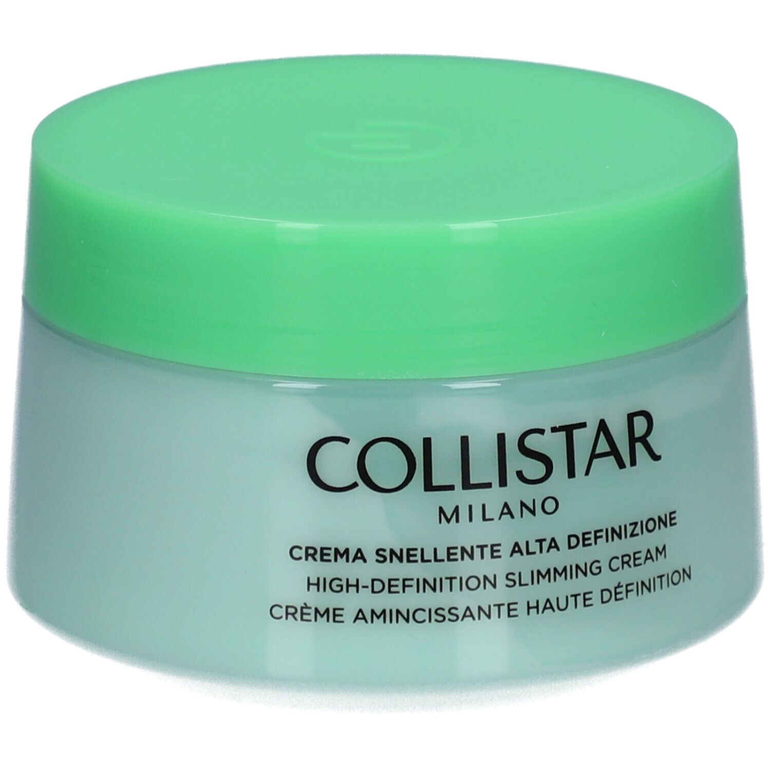 Hellgrüner Tiegel mit Deckel. Aufschrift: COLLISTAR MILANO, Crème Amincissante Haute Définition.