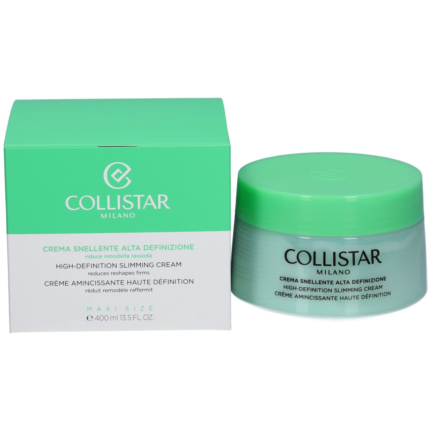 Produktverpackung mit Tiegel und Karton. Aufschrift: COLLISTAR, Crème Amincissante Haute Définition. Volumen: 400 ml.