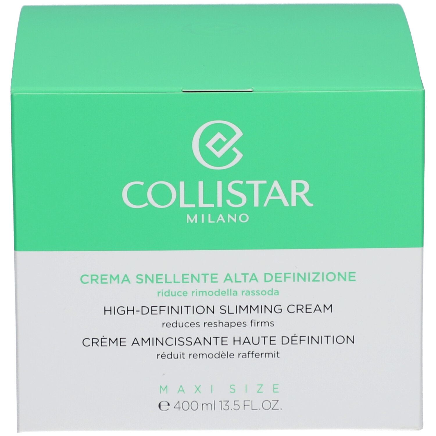 Produktverpackung. Aufschrift: COLLISTAR, Crème Amincissante Haute Définition. Volumen: 400 ml.