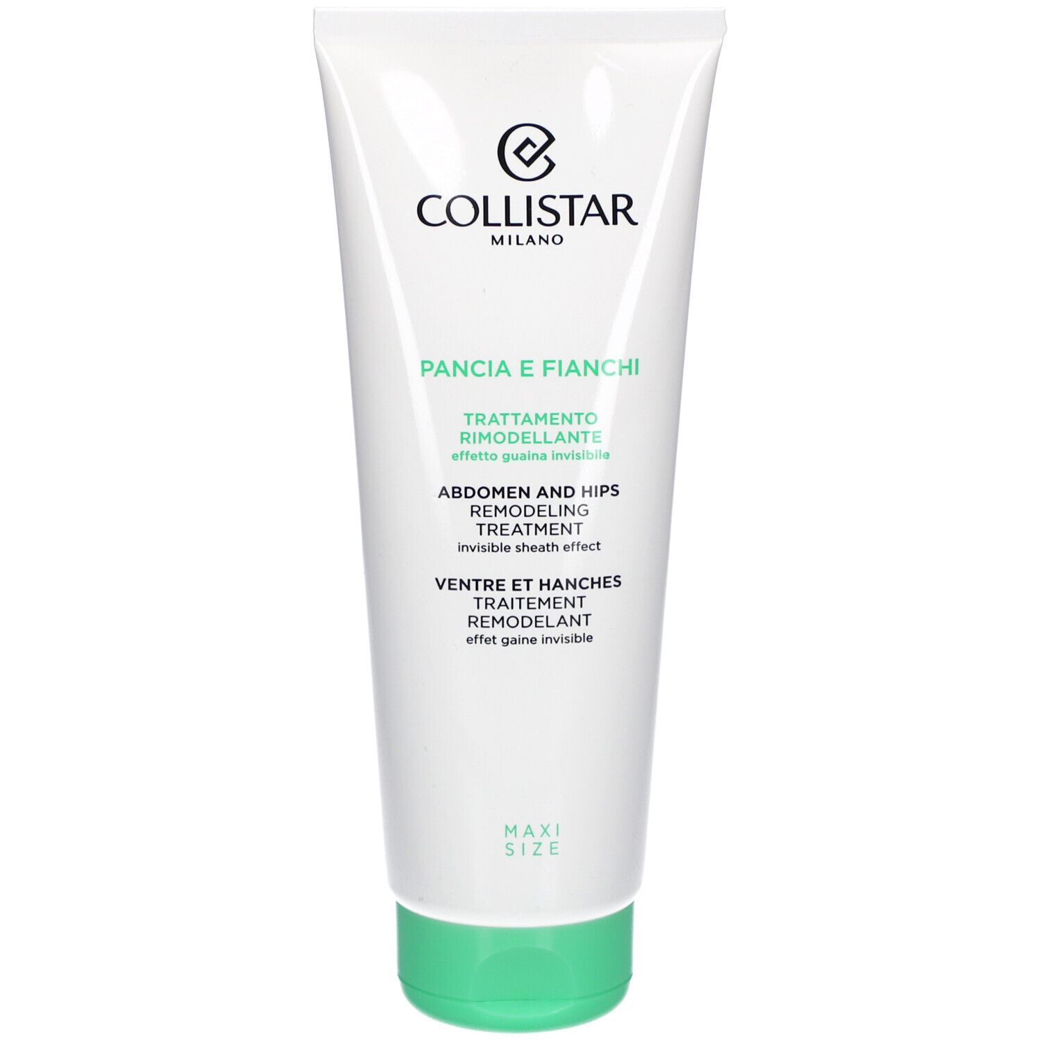 Tube blanc et vert. Texte: Pancia e Fianchi, Trattamento Rimodelante, Abdomen and Hips Remodeling Treatment, Ventre et Hanches Traitement Remodelant.