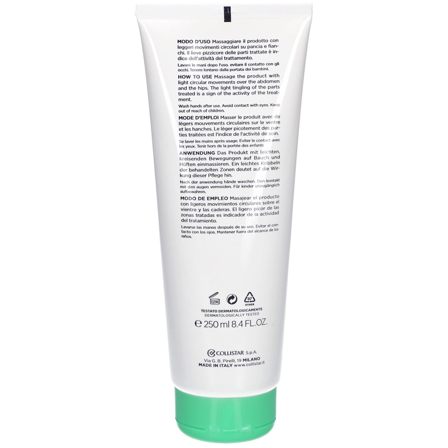 Dos d'un tube blanc avec bouchon vert. Texte: Modo d'Uso, How to Use, Mode d'Emploi, Anwendung, Modo de Empleo. 250 ml.