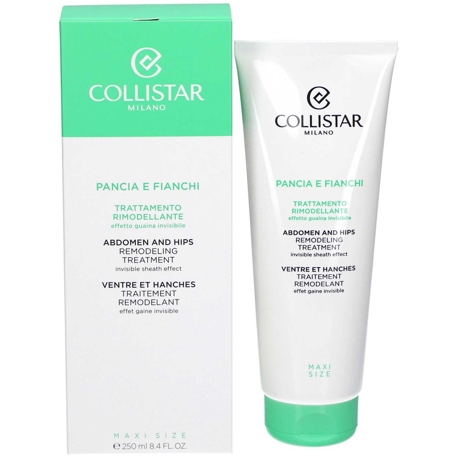 Emballage du produit. Tube blanc et boîte verte. Texte: Collistar, Pancia e Fianchi, Trattamento Rimodelante, 250 ml.