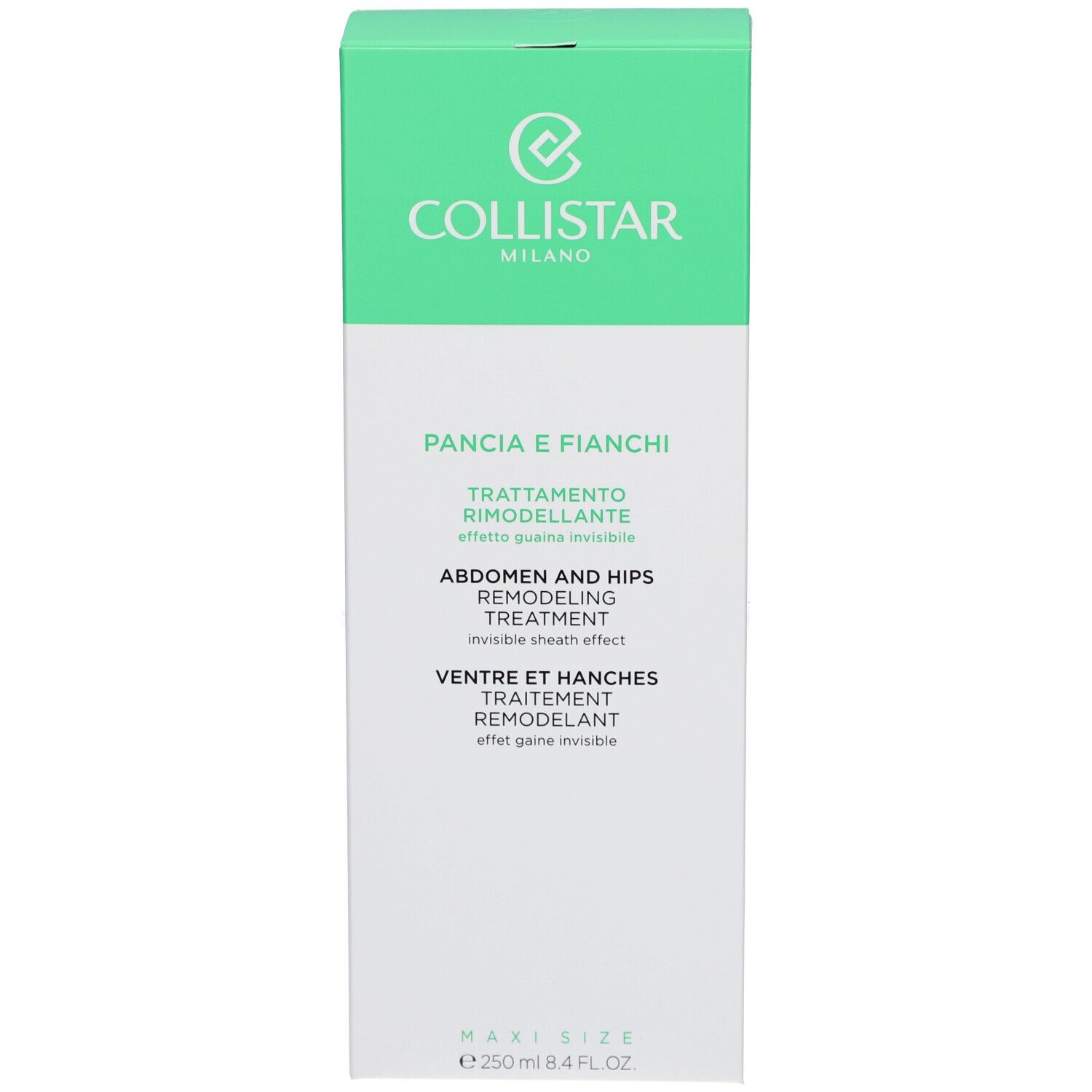 Boîte verte. Texte: Collistar, Pancia e Fianchi, Trattamento Rimodelante, Abdomen and Hips Remodeling Treatment, 250 ml.