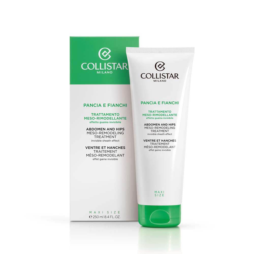 Emballage du produit. Tube blanc et boîte verte. Texte: Collistar, Pancia e Fianchi, Trattamento Meso-remodelant, 250 ml.