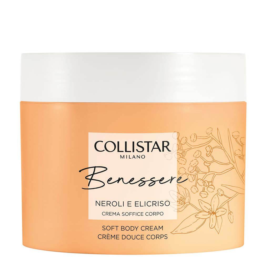 Pot de crème beige avec couvercle blanc. Inscription: Collistar, Benessere, Neroli e Elicriso, Crème Douce Corps.