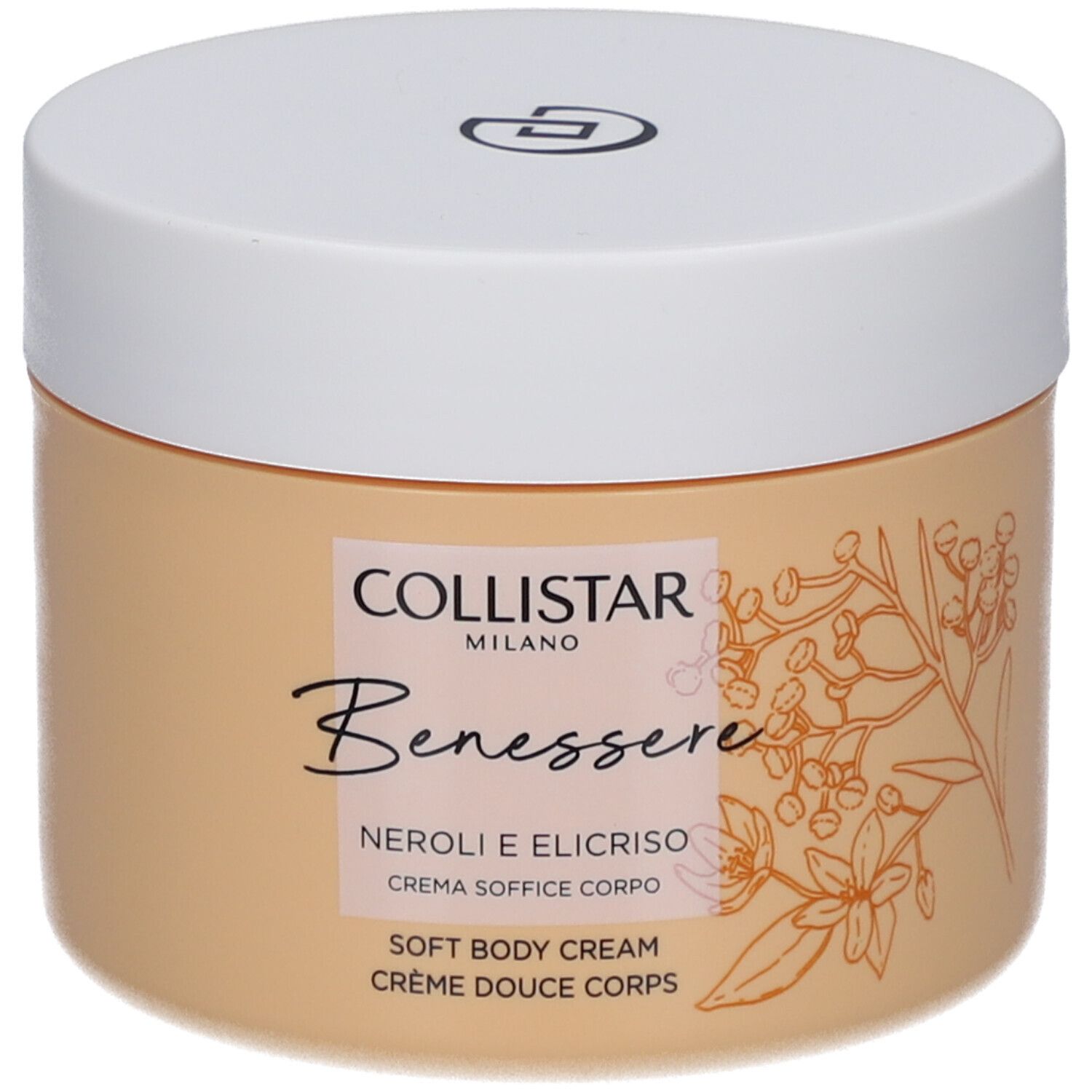 Pot de crème beige avec couvercle blanc. Inscription: Collistar, Benessere, Neroli e Elicriso, Crème Douce Corps.