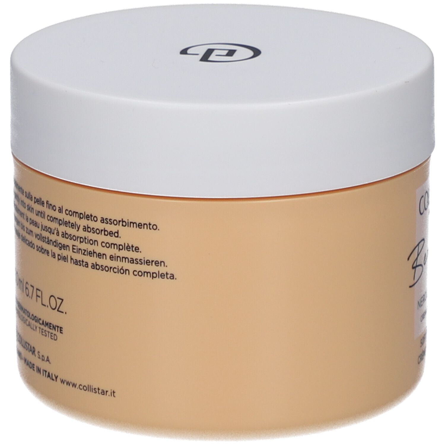 Pot de crème beige avec couvercle blanc. Inscription: Collistar, Benessere, Neroli e Elicriso, Crème Douce Corps.